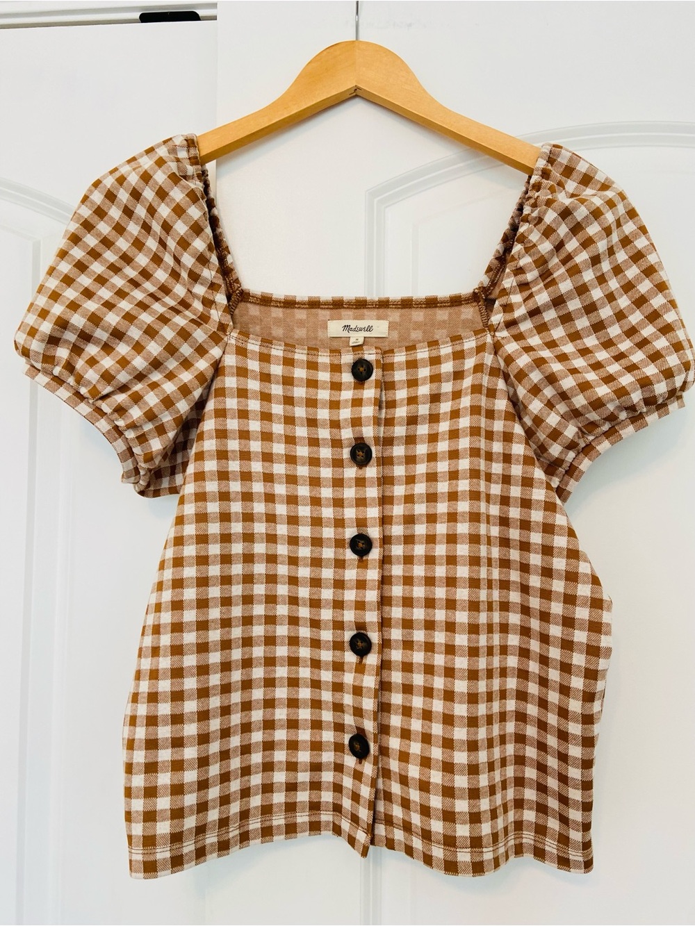 Madewell Brown Gingham Puff Sleeve Square Neck Top Medium Milkmaid Cottagecore